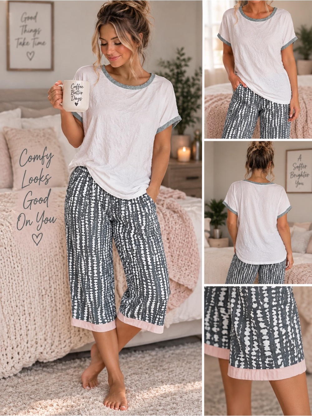 Secret Treasures White Short Sleeve Top with Gray Patterned Capris and Pink Trim